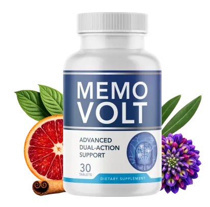 MemoVolt advanced dual-action brain support supplement bottle surrounded by red orange, cinnamon, and olive leaf